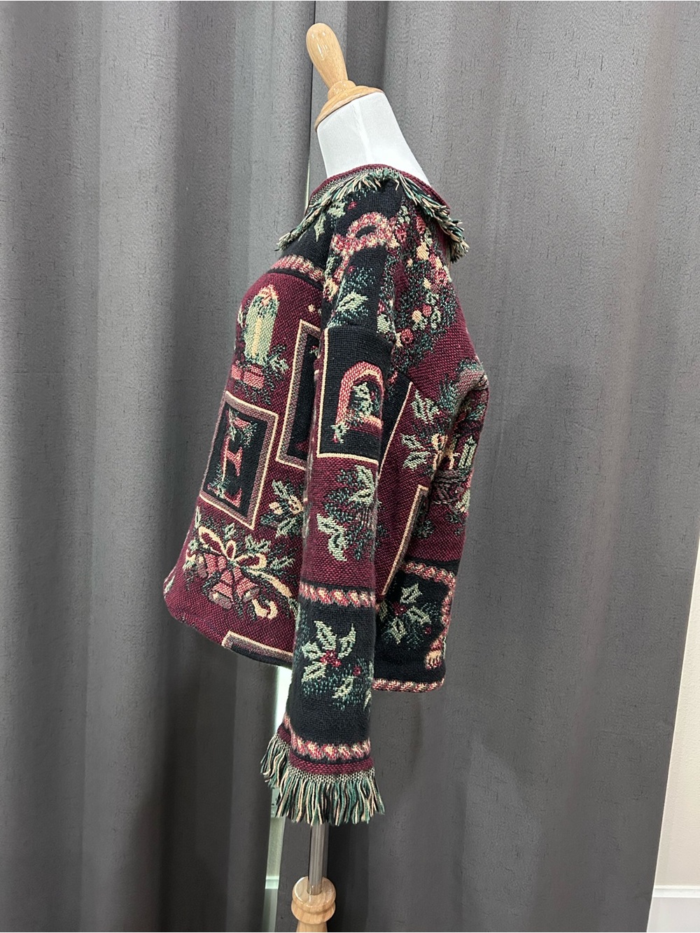Fringed Tapestry Upcycled Sweater - Burgundy Floral - Picture 16 of 16